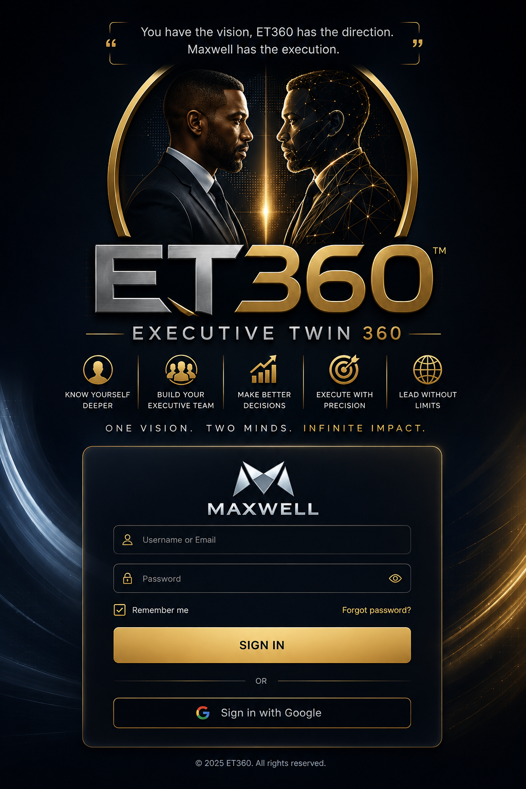 ET360 -- Executive Twin 360. You have the vision, ET360 has the direction. Maxwell has the execution. One vision. Two minds. Infinite impact.